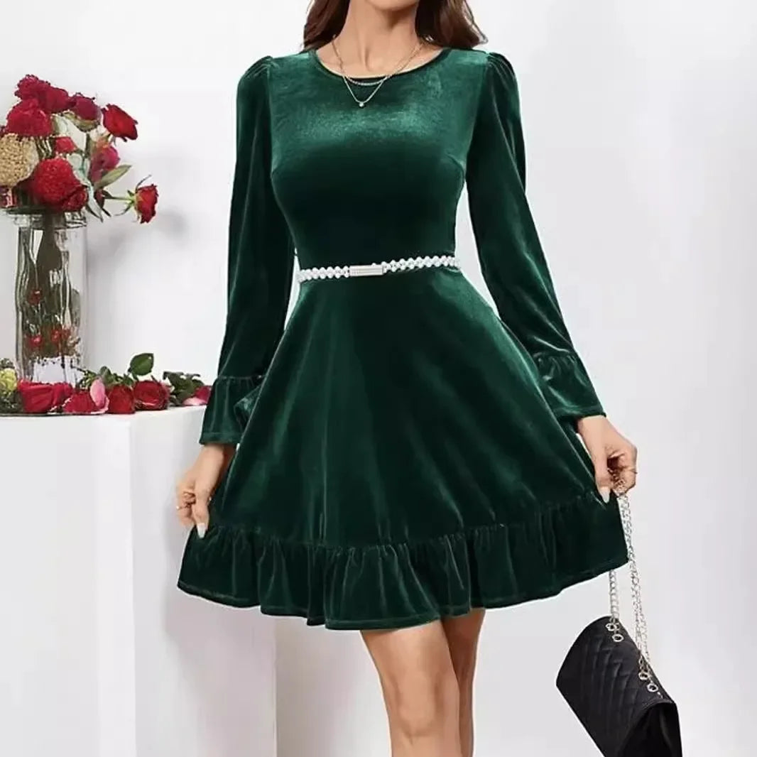 Autumn Winter A-Line Ruffles Elegant Party Golden Velvet Mini Nightdress Party Dress