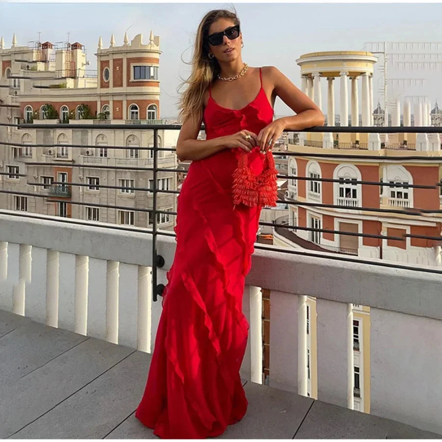 Ruffles Chiffon Maxi Dresses Backless Split Sexy Long Summer Wedding Party Dress