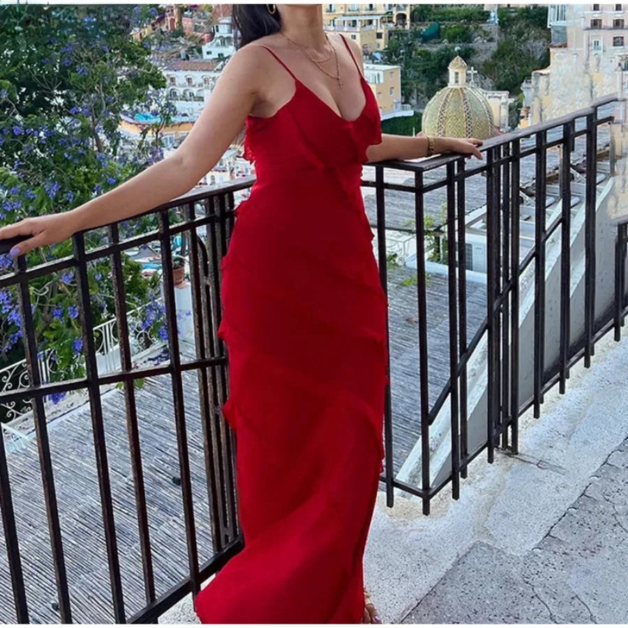Ruffles Chiffon Maxi Dresses Backless Split Sexy Long Summer Wedding Party Dress
