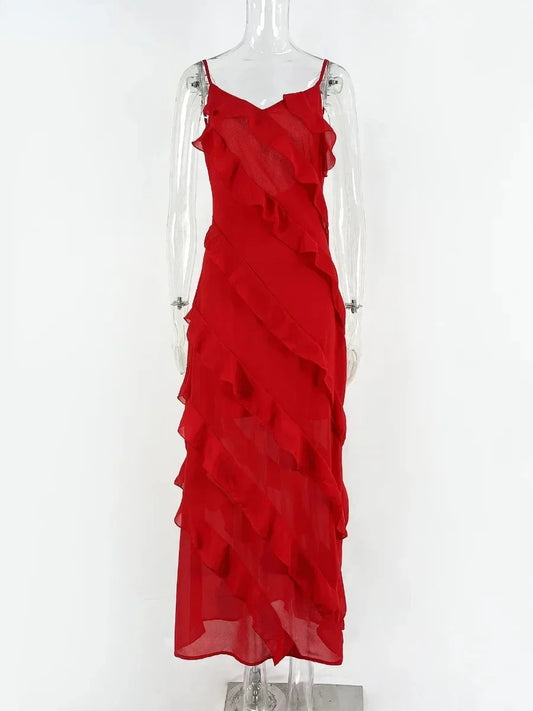 Ruffles Chiffon Maxi Dresses Backless Split Sexy Long Summer Wedding Party Dress