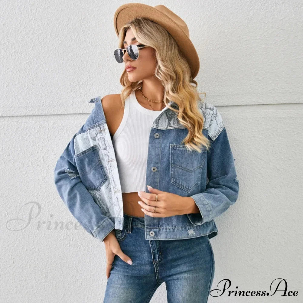Autumn Denim Stand Collar Patchwork Slim Fit High Waist Jacket