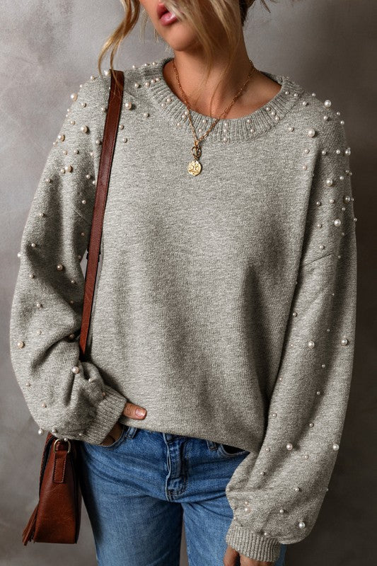 Carolina | Beaded sweater with dropped shoulder and crew neck