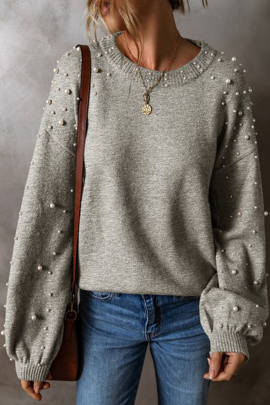 Carolina | Beaded sweater with dropped shoulder and crew neck