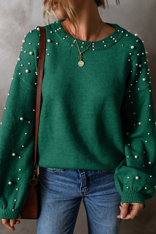 Carolina | Beaded sweater with dropped shoulder and crew neck