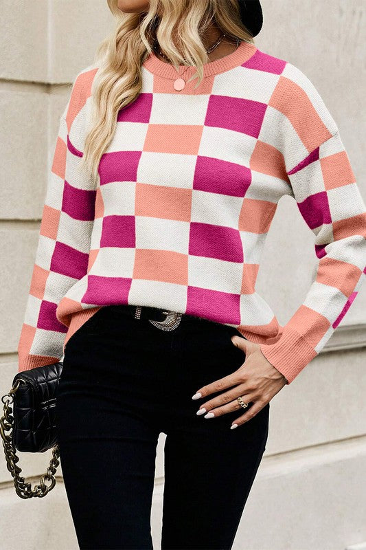 Gloria | Checked, ribbed edge sweater with an O-neck and dropped shoulder