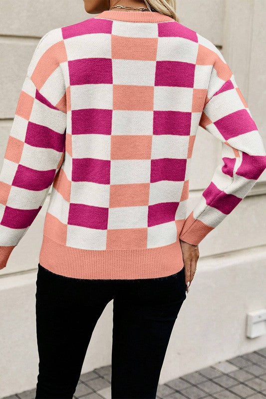 Gloria | Checked, ribbed edge sweater with an O-neck and dropped shoulder