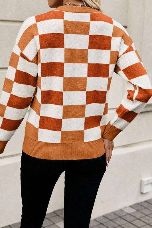 Hanna | Checked, ribbed edge sweater with an O-neck and dropped shoulder
