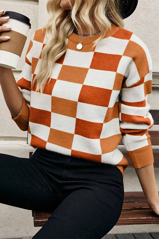 Hanna | Checked, ribbed edge sweater with an O-neck and dropped shoulder