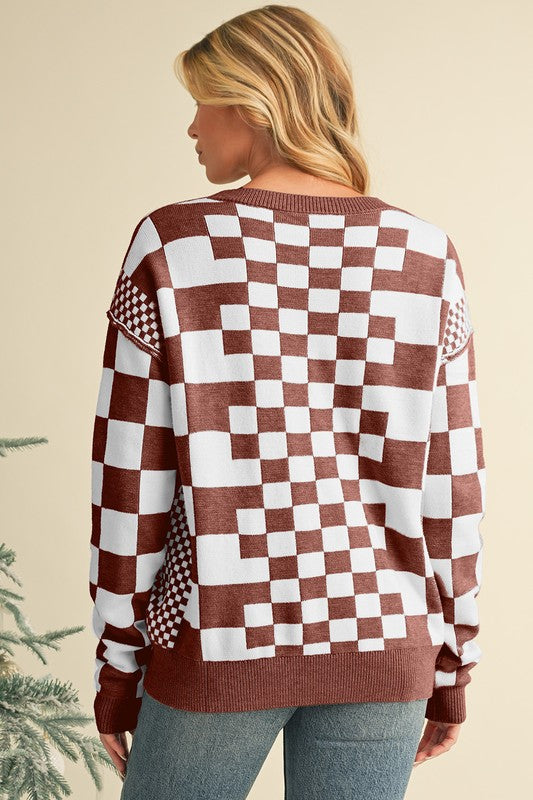 Milena | Checked crew neck sweater with dropped shoulders