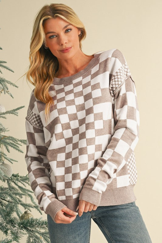 Milena | Checked crew neck sweater with dropped shoulders