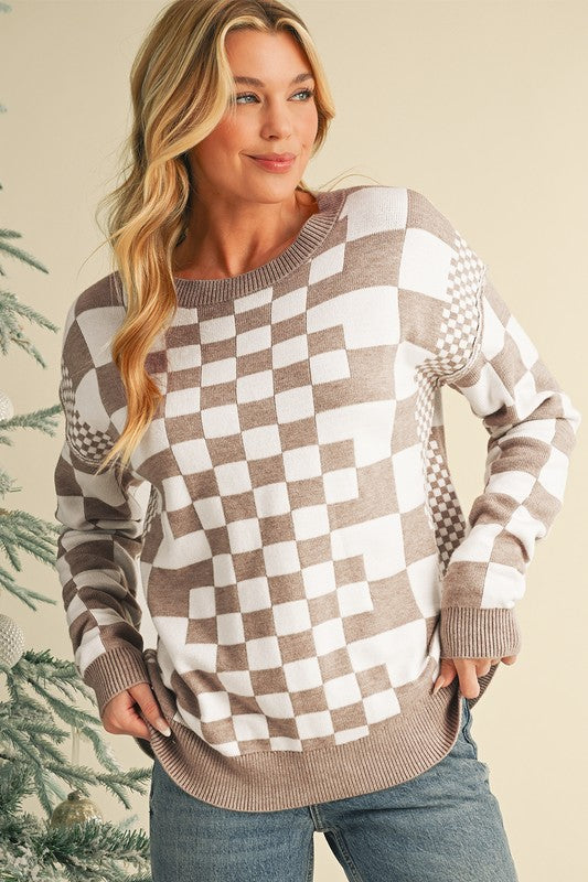 Milena | Checked crew neck sweater with dropped shoulders