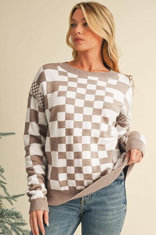 Milena | Checked crew neck sweater with dropped shoulders