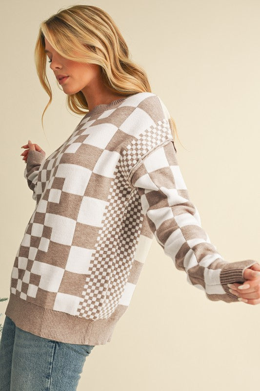Milena | Checked crew neck sweater with dropped shoulders