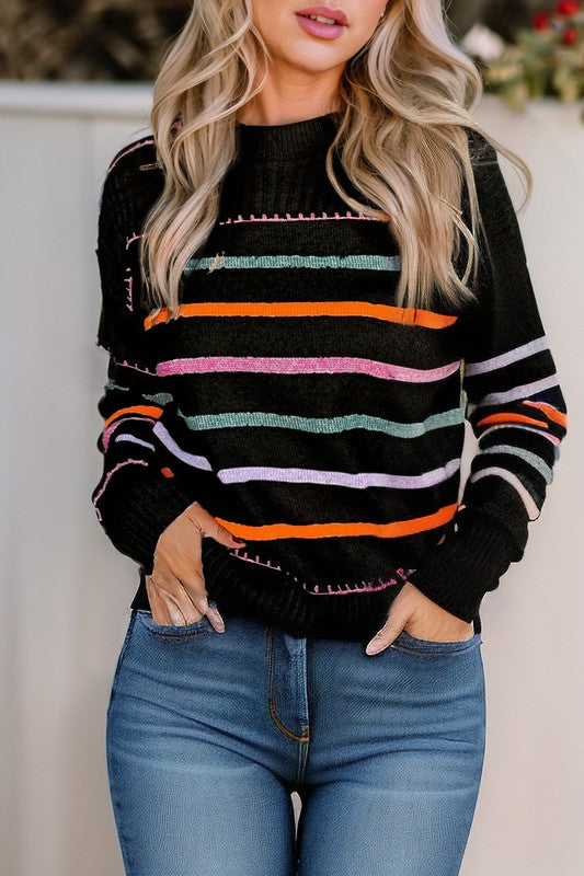 Frida | Colorful striped crew neck sweater with ribbed edges