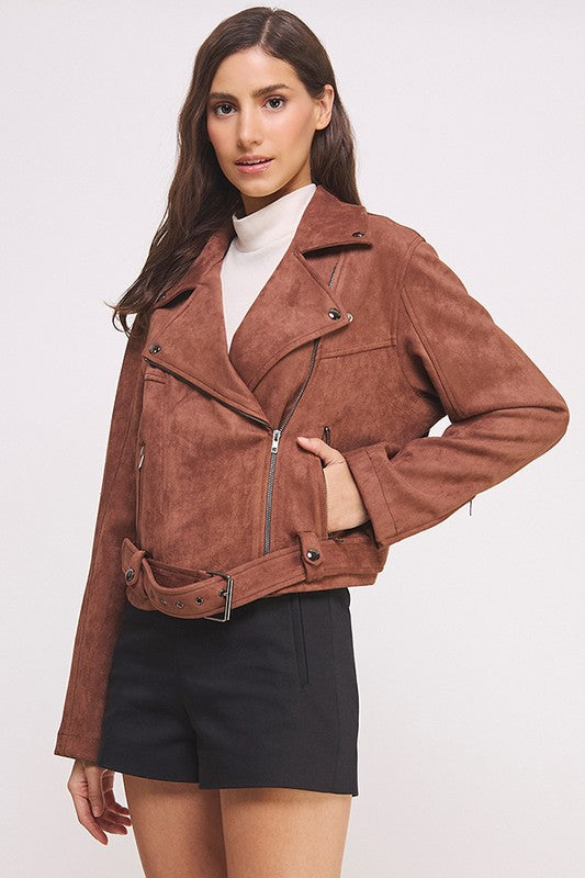 Florencia | LONG SLEEVE SUEDE MOTOR JACKET WITH BELT AND ZIPPER