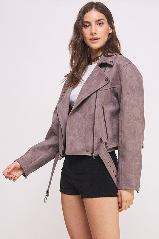Florencia | LONG SLEEVE SUEDE MOTOR JACKET WITH BELT AND ZIPPER