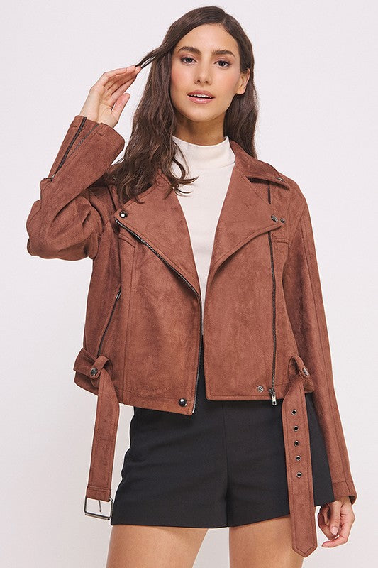 Florencia | LONG SLEEVE SUEDE MOTOR JACKET WITH BELT AND ZIPPER