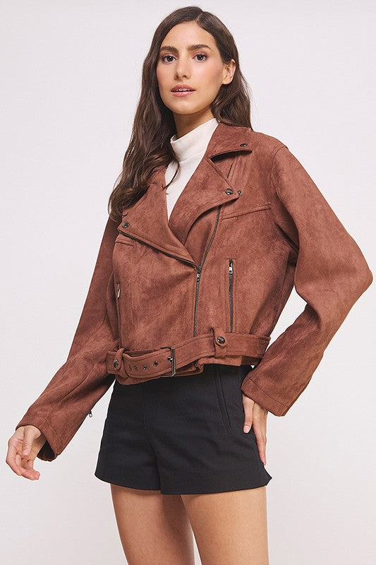 Florencia | LONG SLEEVE SUEDE MOTOR JACKET WITH BELT AND ZIPPER