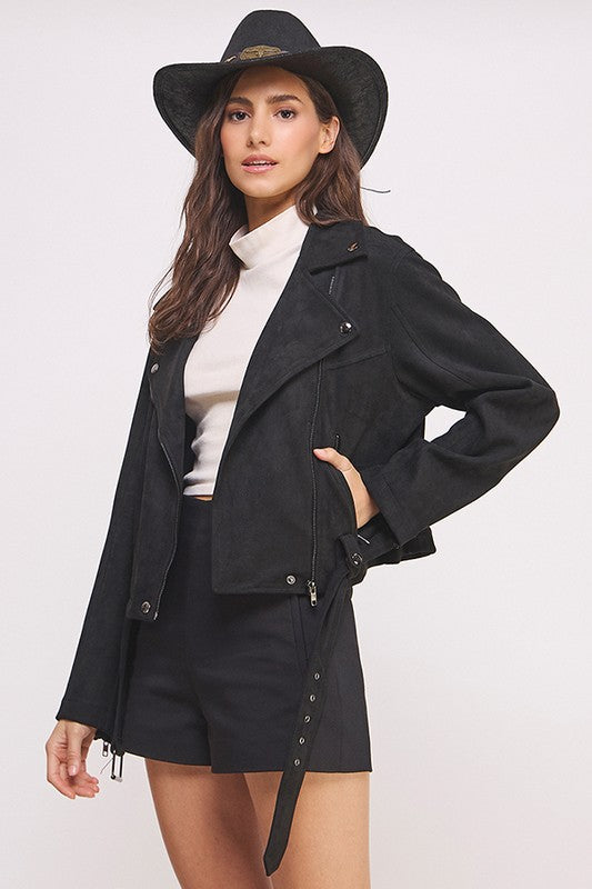 Ester | PLUS LONG SLEEVE SUEDE MOTOR JACKET WITH BELT AND ZIPPER