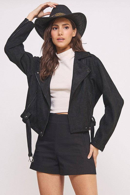 Ester | PLUS LONG SLEEVE SUEDE MOTOR JACKET WITH BELT AND ZIPPER