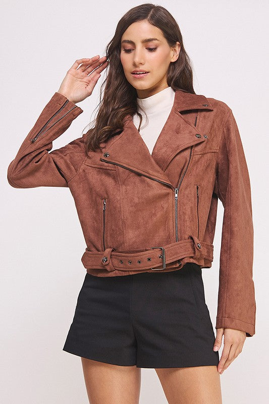 Ester | PLUS LONG SLEEVE SUEDE MOTOR JACKET WITH BELT AND ZIPPER