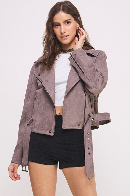 Ester | PLUS LONG SLEEVE SUEDE MOTOR JACKET WITH BELT AND ZIPPER