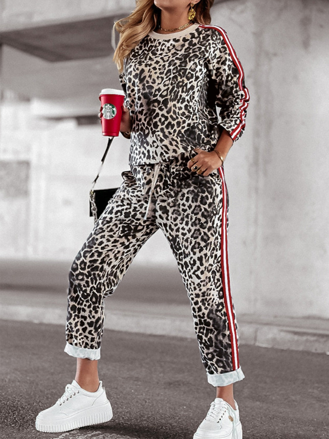 Araceli | Leopard print round neck long sleeve top and trousers set