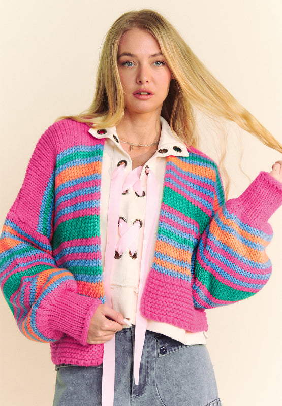 Magdalena | Contrast striped, long sleeve, open front cardigan