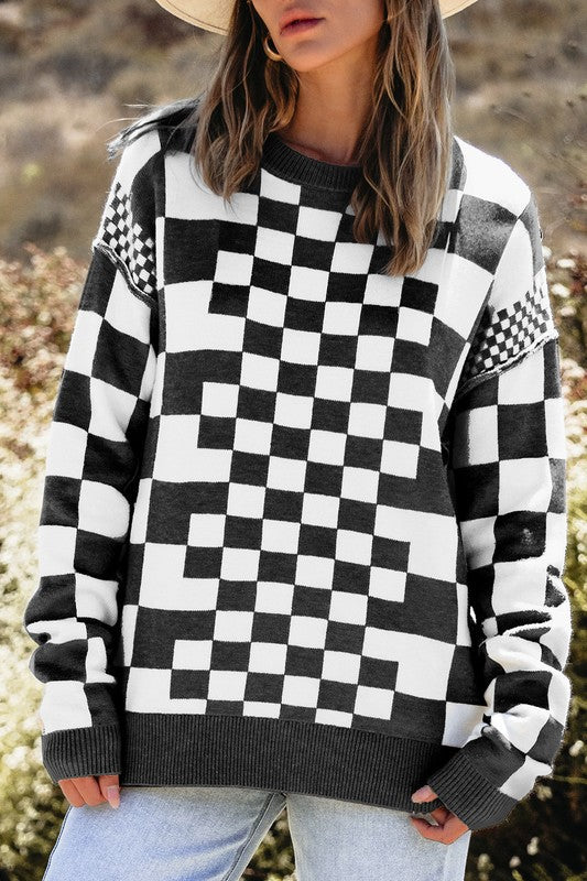 Petra | Checked crew neck sweater with dropped shoulders
