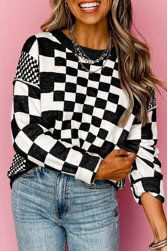 Ilona | Pullover with a checked print and dropped shoulders with a crew neck