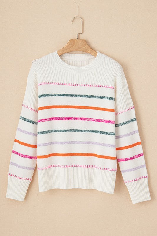 Gabrielle | White, colorful striped sweater with a ribbed hem
