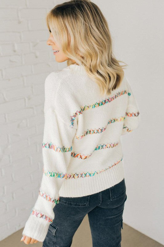 Tatiana | White sweater with crossed seams and dropped shoulders