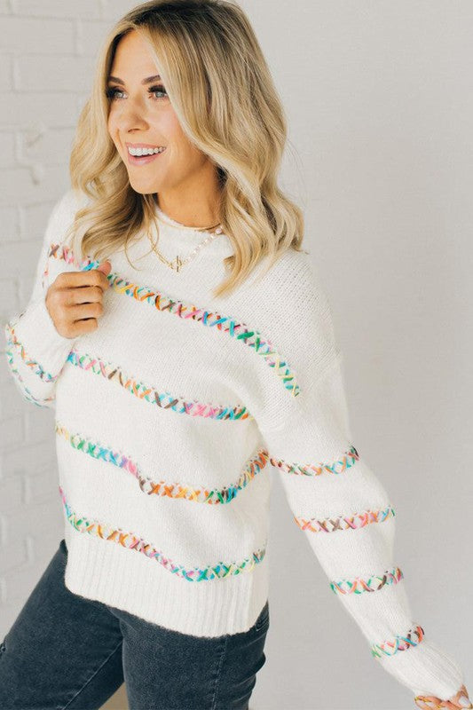 Tatiana | White sweater with crossed seams and dropped shoulders