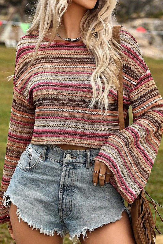 Larisa | Red ethnic striped loose fit long sleeve top
