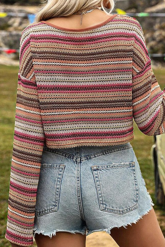 Larisa | Red ethnic striped loose fit long sleeve top