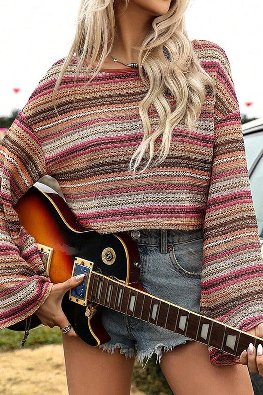 Larisa | Red ethnic striped loose fit long sleeve top