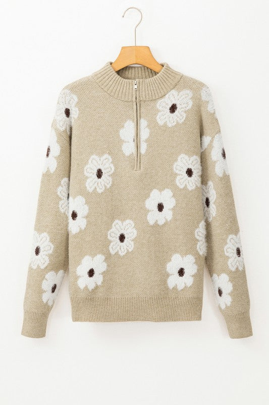 Genoveva | Vintage 60s floral pattern sweater with half zip collar