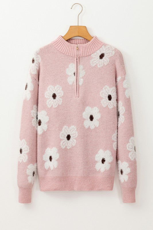 Genoveva | Vintage 60s floral pattern sweater with half zip collar