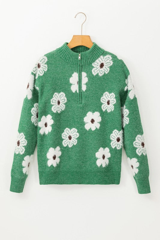 Genoveva | Vintage 60s floral pattern sweater with half zip collar
