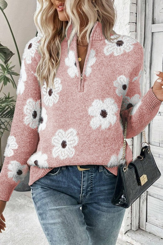 Genoveva | Vintage 60s floral pattern sweater with half zip collar