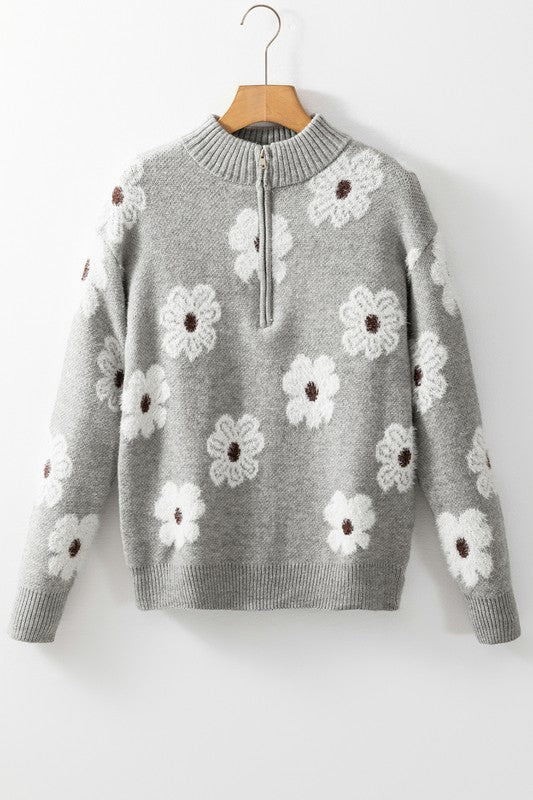 Genoveva | Vintage 60s floral pattern sweater with half zip collar