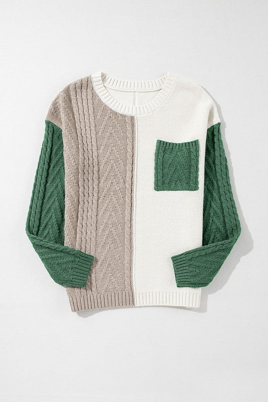Antonia | Women's color block sweater with patch pockets on the shoulder