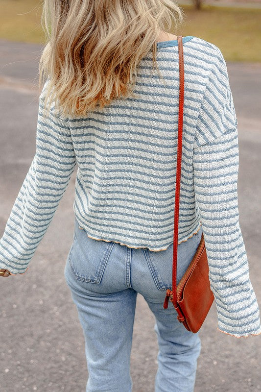 Monica | Striped long sleeve henley top with ruffle trim and texture