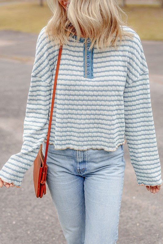 Monica | Striped long sleeve henley top with ruffle trim and texture