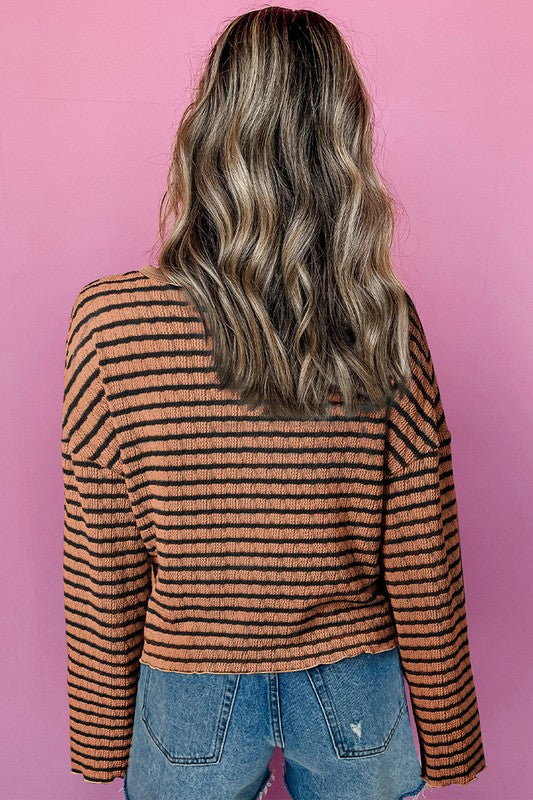 Monica | Striped long sleeve henley top with ruffle trim and texture