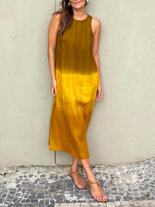 Melanie® | Sleeveless Cotton And Linen Long Dress With Slit And Gradient Tie-Dye