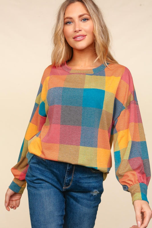 Clara | Haptics color block check crew neck top