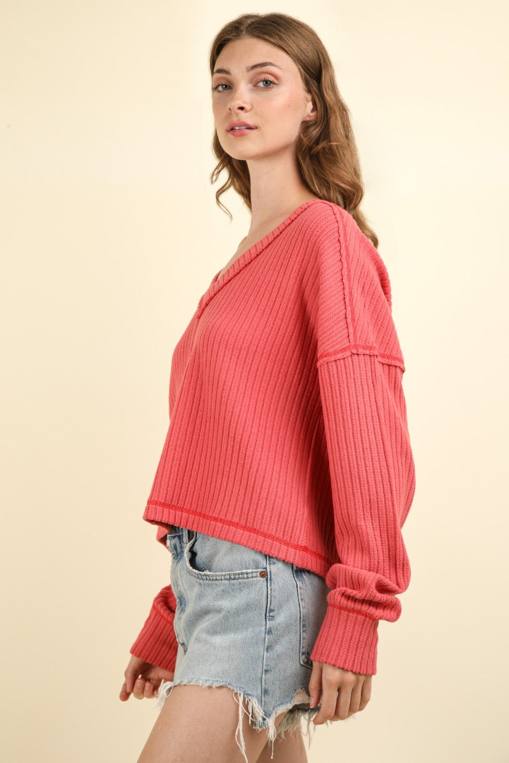 Blanca | Ribbed knit top with exposed seam and V-neck