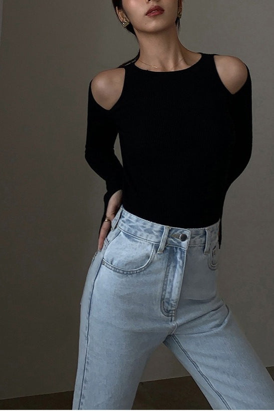 Retro Crew Neck Off-Shoulder Split-Cuff Slim Knit Top