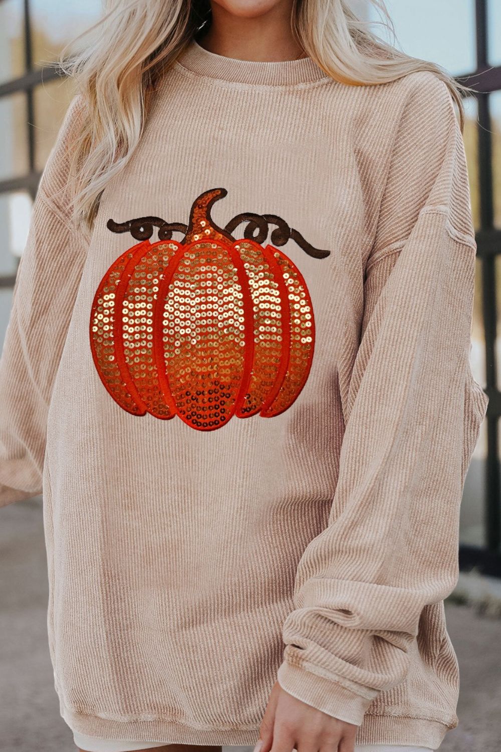 Melina | Long sleeve sequin pumpkin crew neck sweatshirt